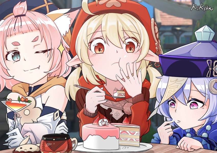 klee, qiqi, jumpy dumpty, and diona (genshin impact) drawn by kirika_(kirika1677)