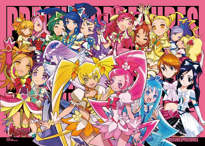 kurumi erika, misumi nagisa, hanasaki tsubomi, yukishiro honoka, higashi setsuna, and 32 more (precure and 7 more) drawn by minamimori_machi, shimazaki_mari, and wada_arco