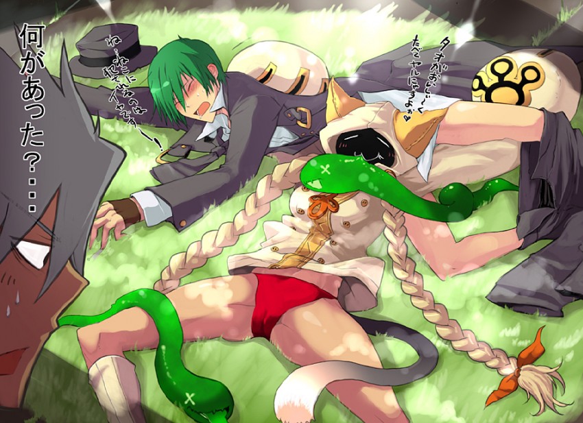 ragna the bloodedge, taokaka, and hazama (blazblue) drawn by zyano