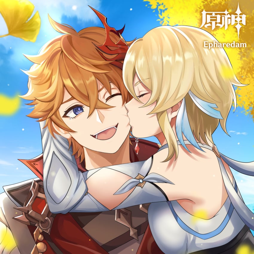 lumine and tartaglia (genshin impact) drawn by epharedam