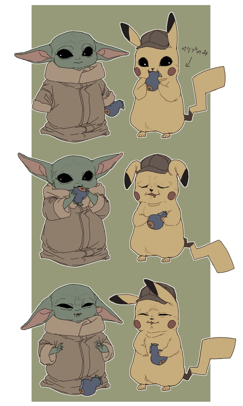 pikachu, detective pikachu, and yoda (pokemon and 3 more) drawn by labell_xx