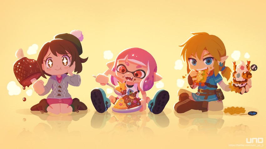 link, inkling player character, pikachu, inkling girl, gloria, and 1 more (pokemon and 6 more) drawn by karasuno_yui