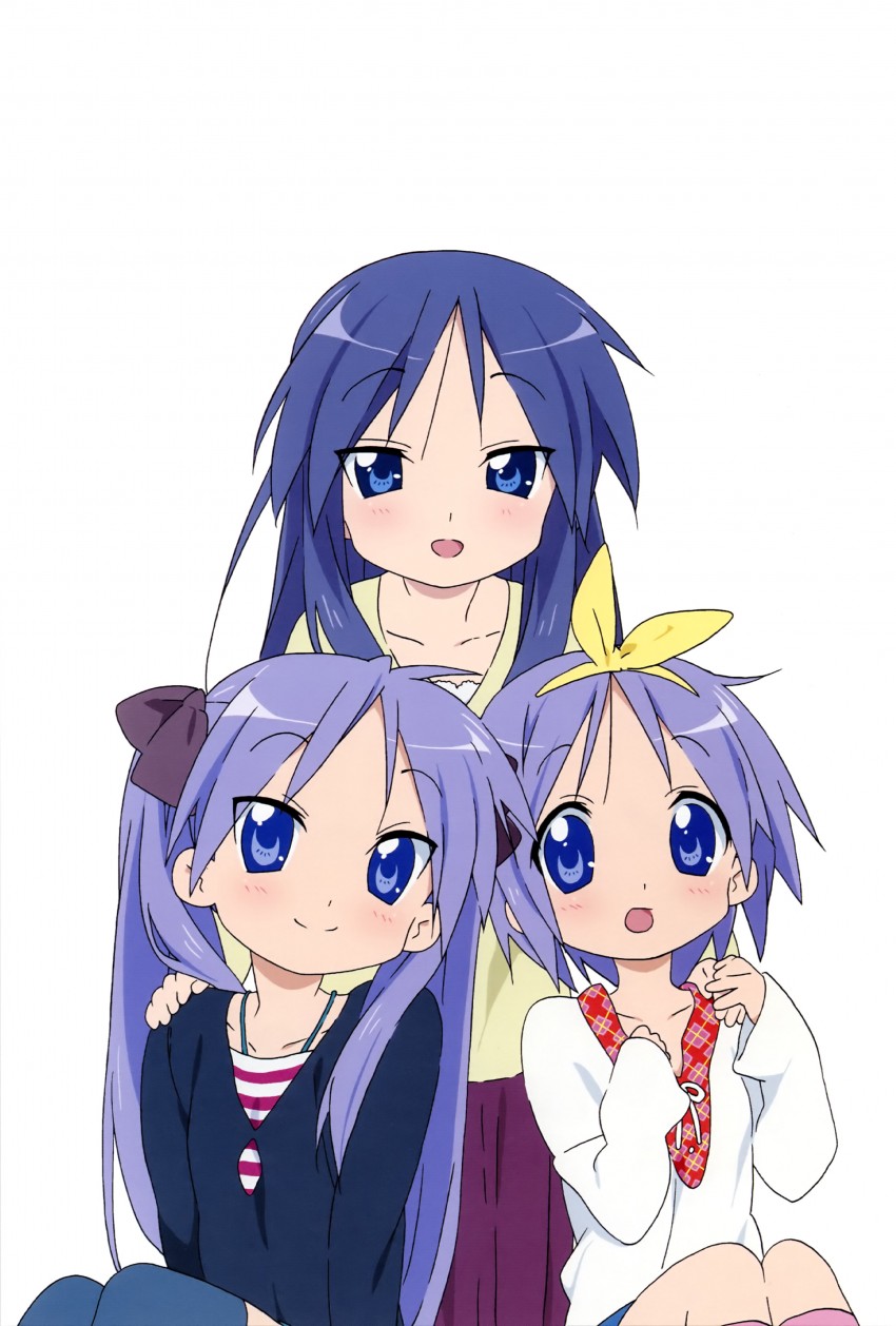 hiiragi kagami, hiiragi tsukasa, and hiiragi miki (lucky star) drawn by horiguchi_yukiko