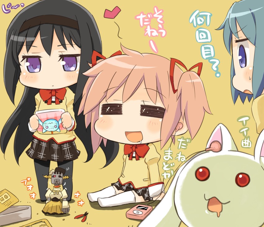 akemi homura, kaname madoka, miki sayaka, tomoe mami, kyubey, and 1 more (mahou shoujo madoka magica and 1 more) drawn by plover