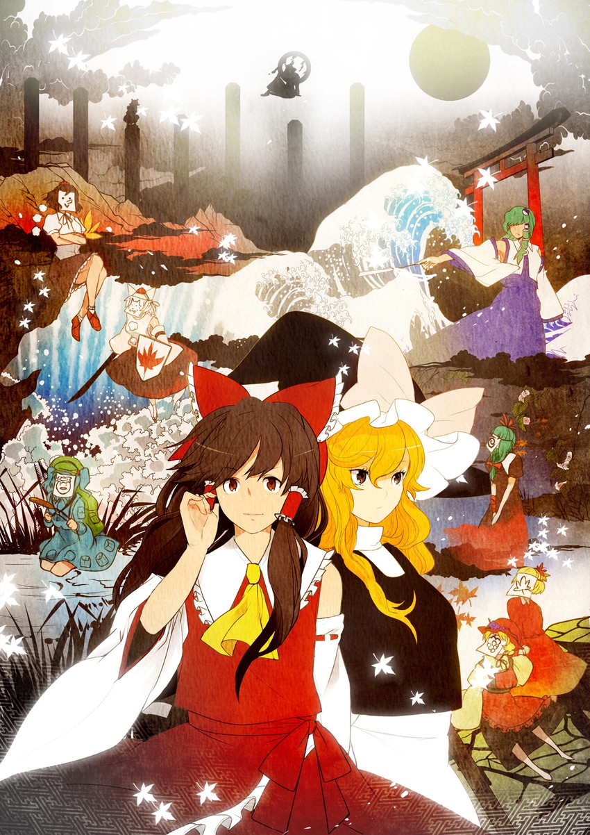 hakurei reimu, kirisame marisa, kochiya sanae, shameimaru aya, inubashiri momiji, and 6 more (touhou and 1 more) drawn by hiko_(lg612)