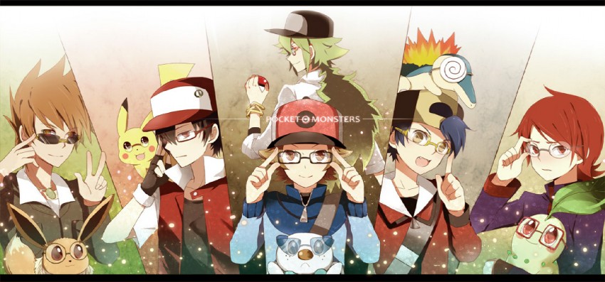 pikachu, eevee, red, ethan, blue oak, and 5 more (pokemon and 3 more) drawn by kohto