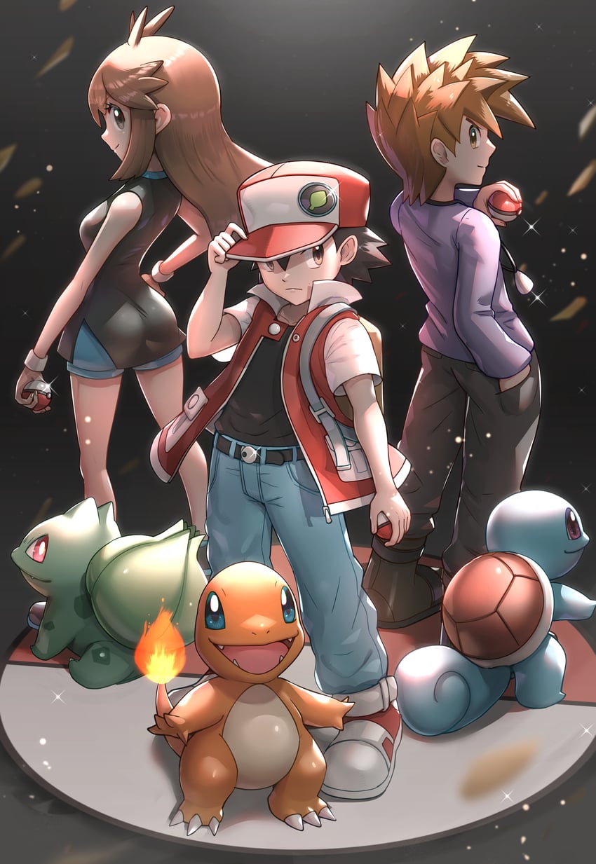 red, blue oak, bulbasaur, squirtle, charmander, and 1 more (pokemon and 1 more) drawn by gonzarez