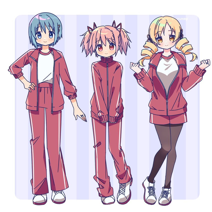 kaname madoka, miki sayaka, and tomoe mami (mahou shoujo madoka magica) drawn by ruru_(rurumagi)