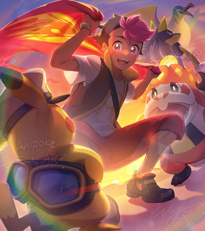 pikachu, lucario, roy, captain pikachu, crocalor, and 1 more (pokemon and 1 more) drawn by wing_(wing_0319)