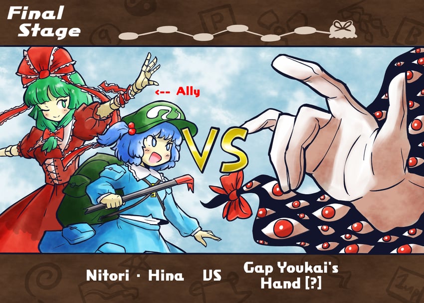 yakumo yukari, kawashiro nitori, kagiyama hina, and master hand (touhou and 1 more) drawn by oysterfried
