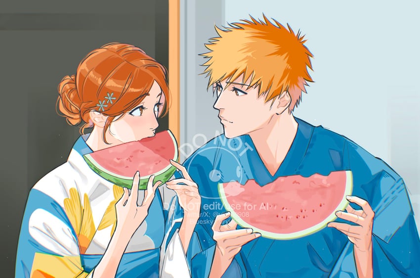 inoue orihime and kurosaki ichigo (bleach) drawn by viii_00908