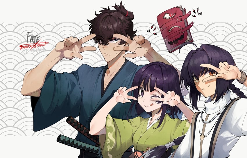 yamato takeru, miyamoto iori, ogasawara kaya, and crimson codex (fate and 2 more) drawn by nyantcha