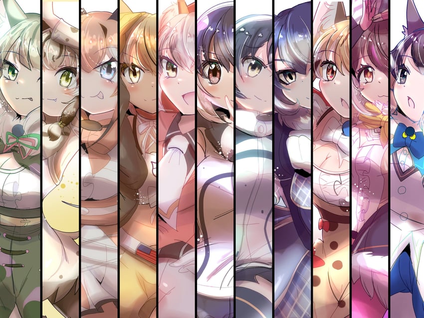 island fox, humboldt penguin, caracal, brown long-eared bat, coyote, and 6 more (kemono friends and 1 more) drawn by kiryu_(rnrwbhybsxj4qgk)