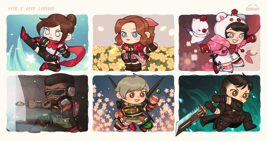 cloud strife, aerith gainsborough, yuffie kisaragi, wattson, moogle, and 13 more (final fantasy and 4 more) drawn by nica_(robbeary)