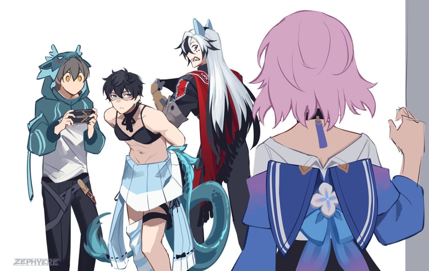 trailblazer, march 7th, caelus, dan heng, and boothill (honkai and 2 more) drawn by zephyere