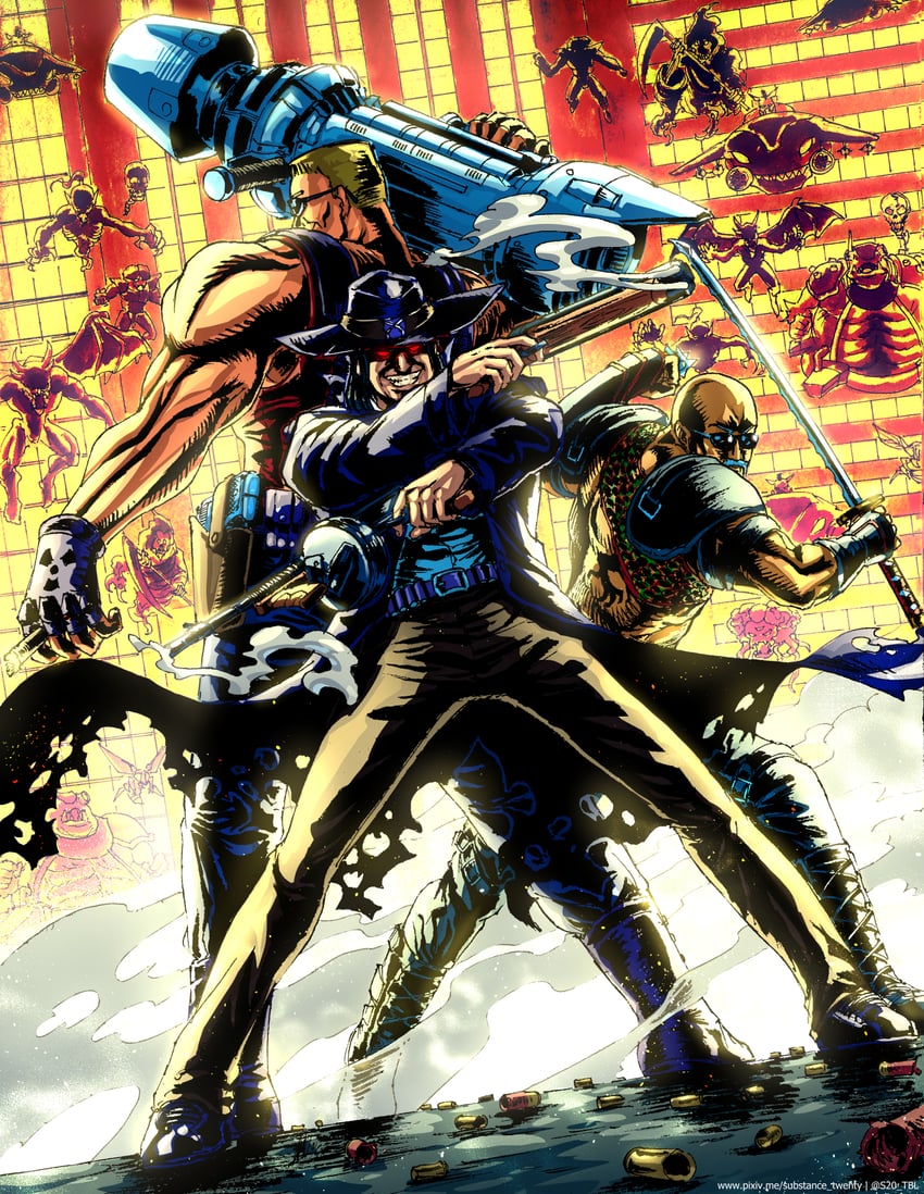 duke nukem, caleb, and lo wang (duke nukem and 3 more) drawn by substance20