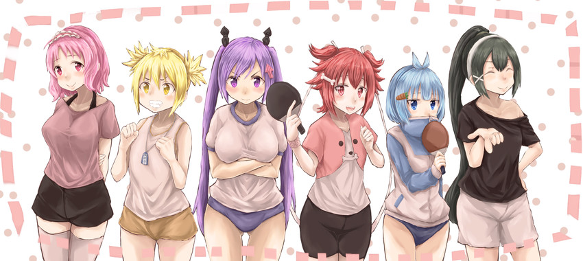 tsumujikaze koyori, kamiya agari, itsumo hokuto, oomune mune, tenka hanabi, and 1 more (shakunetsu no takkyuu musume) drawn by miel_89ul