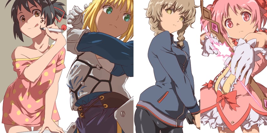 artoria pendragon, kaname madoka, saber, miyamizu mitsuha, and amane suzuha (fate and 4 more) drawn by aonori_misuji