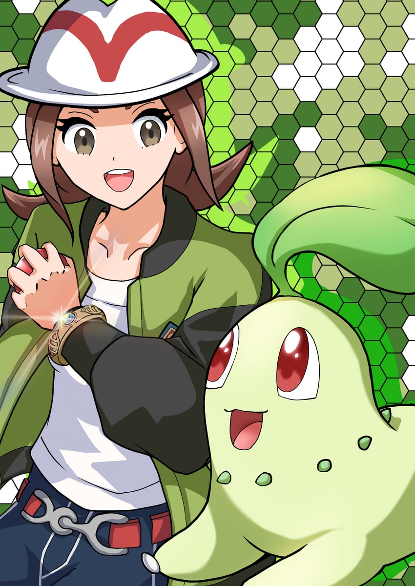chikorita and harmony (pokemon and 1 more) drawn by maaaaaaaru