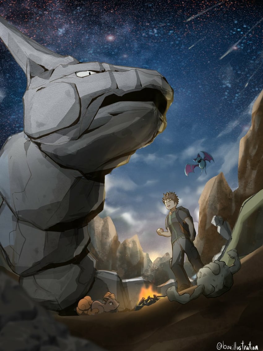vulpix, brock, zubat, onix, and geodude (pokemon and 1 more) drawn by bo_(bouillustration)