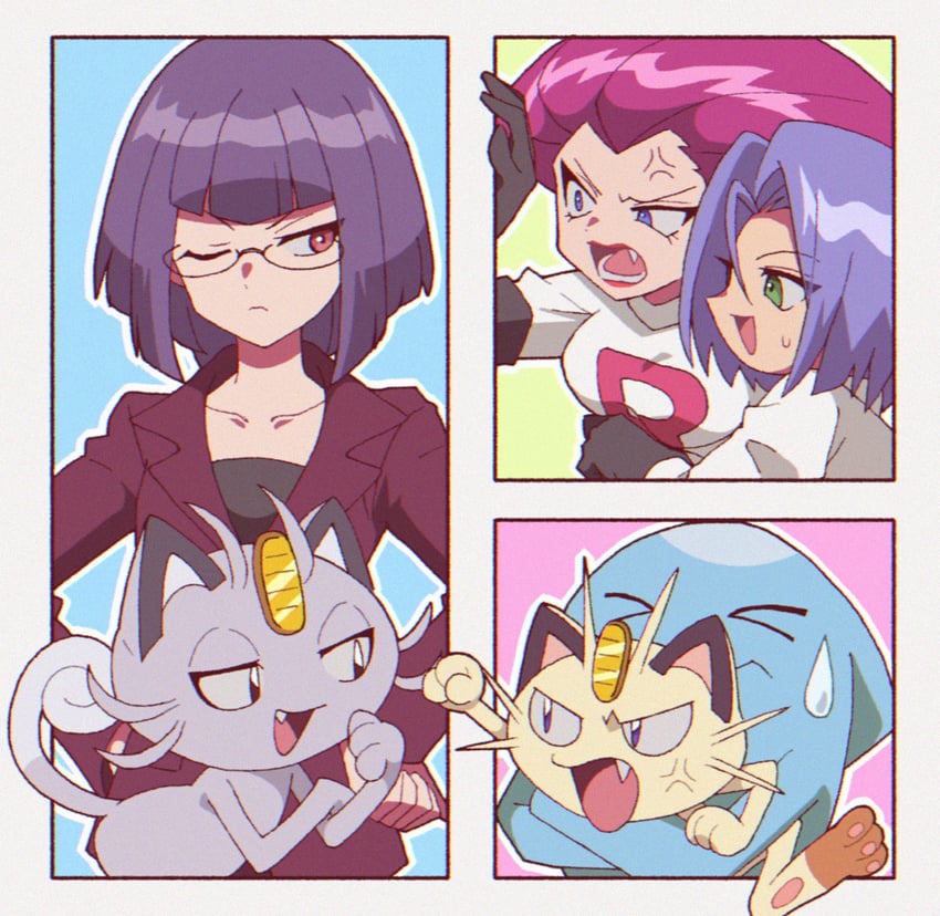 jessie, james, meowth, wobbuffet, alolan meowth, and 1 more (pokemon and 1 more) drawn by macchiromomomo