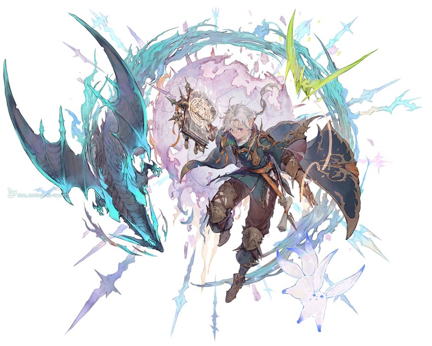 alphinaud leveilleur, carbuncle, summoner, and bahamut (final fantasy and 1 more) drawn by yeon_bom