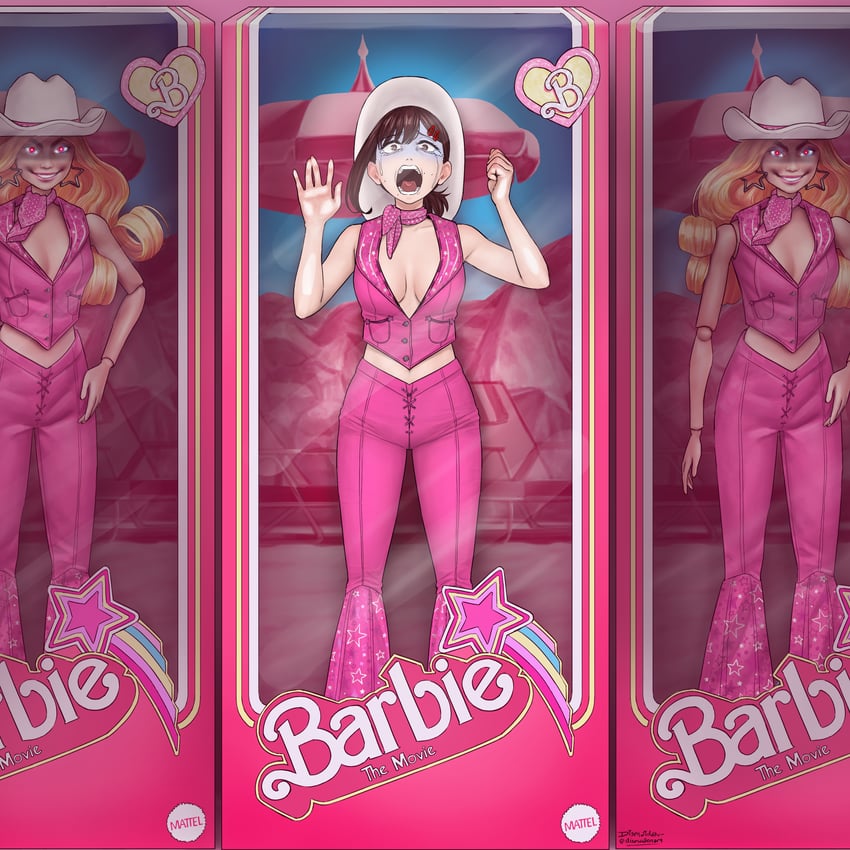 higashiyama kobeni, barbie, and stereotypical barbie (chainsaw man and 1 more) drawn by dismaiden
