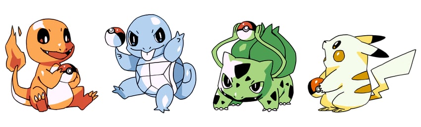 pikachu, bulbasaur, squirtle, and charmander (pokemon and 1 more) drawn by bluekomadori