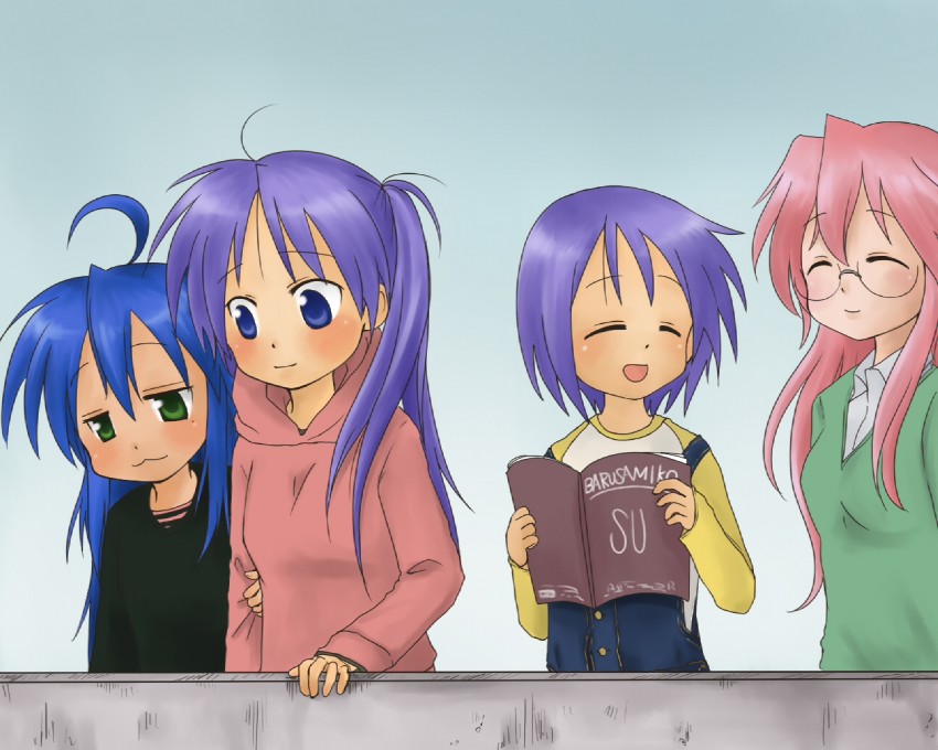 hiiragi kagami, izumi konata, hiiragi tsukasa, and takara miyuki (lucky star)