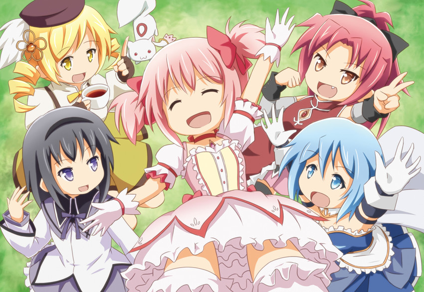 akemi homura, kaname madoka, miki sayaka, sakura kyoko, tomoe mami, and 1 more (mahou shoujo madoka magica) drawn by riai_(onsen)
