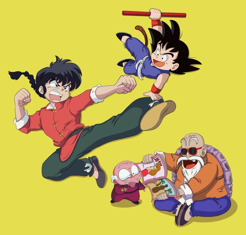son goku, saotome ranma, muten roushi, and happosai (dragon ball and 1 more) drawn by natfoe