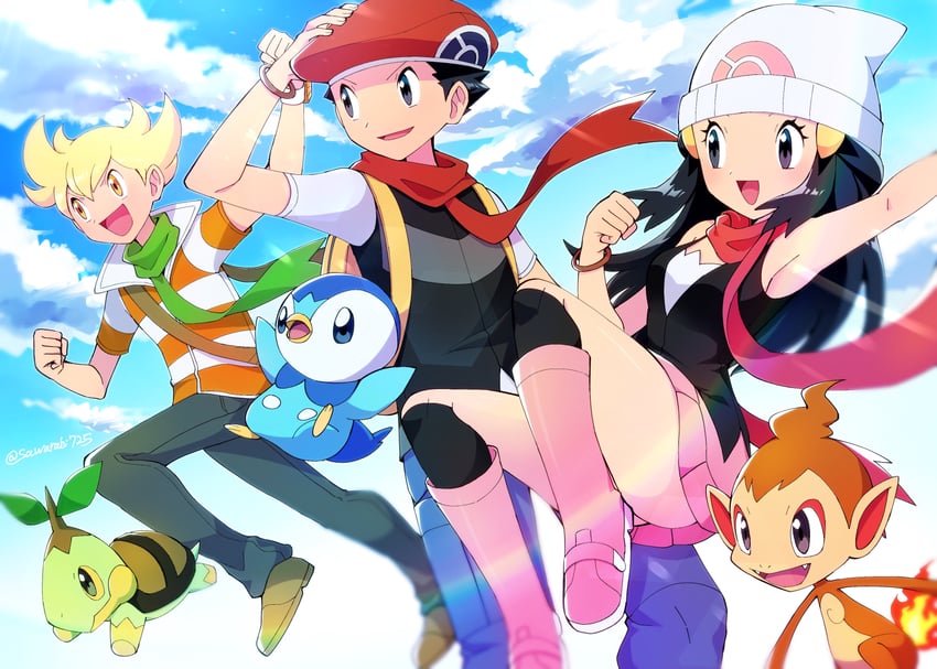 dawn, piplup, lucas, barry, turtwig, and 1 more (pokemon and 1 more) drawn by sawarabi_(sawarabi725)