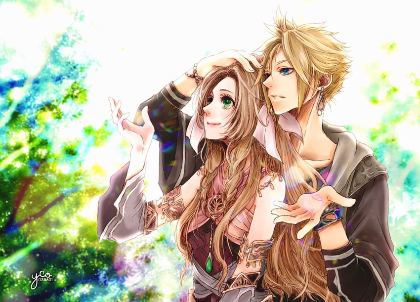 cloud strife and aerith gainsborough (final fantasy and 2 more) drawn by yco_030601