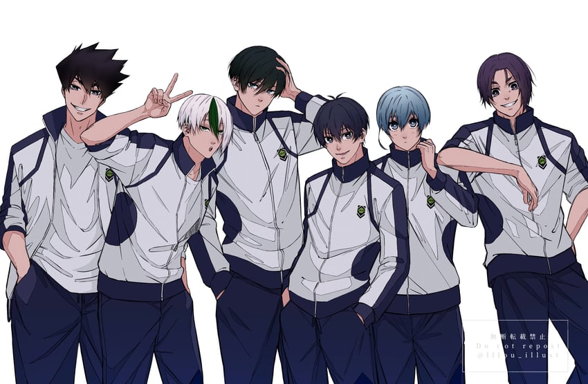 isagi yoichi, mikage reo, itoshi rin, you hiori, karasu tabito, and 1 more (blue lock) drawn by lllou_illust