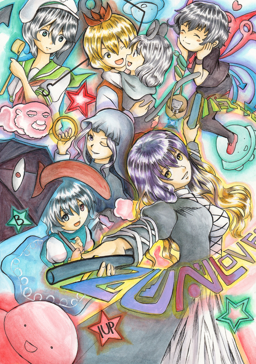 tatara kogasa, nazrin, hijiri byakuren, houjuu nue, toramaru shou, and 2 more (touhou and 1 more) drawn by suzaku_mikado