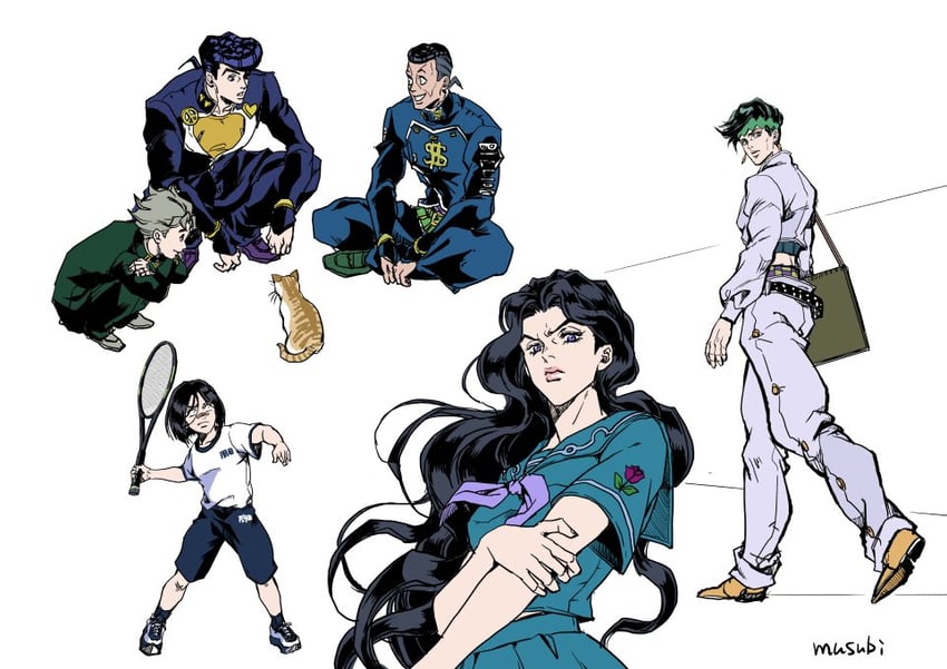 higashikata josuke, kishibe rohan, nijimura okuyasu, hirose koichi, yamagishi yukako, and 1 more (jojo no kimyou na bouken and 1 more) drawn by musubi_(livnehe)