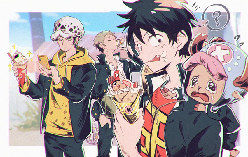 monkey d. luffy, roronoa zoro, trafalgar law, and tony tony chopper (one piece) drawn by yurichi_(artist)