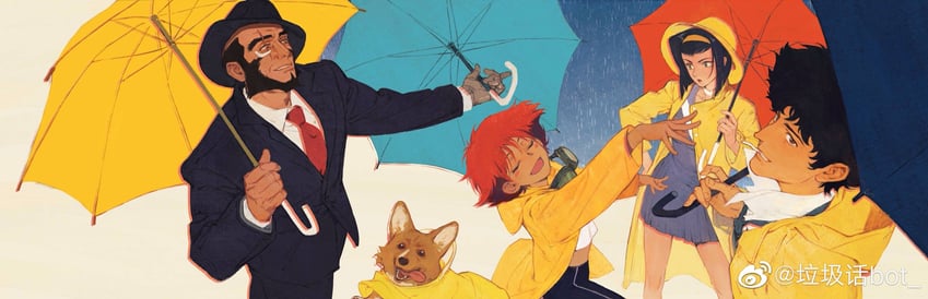 faye valentine, spike spiegel, edward wong hau pepelu tivrusky iv, ein, and jet black (cowboy bebop and 1 more) drawn by creamyghost