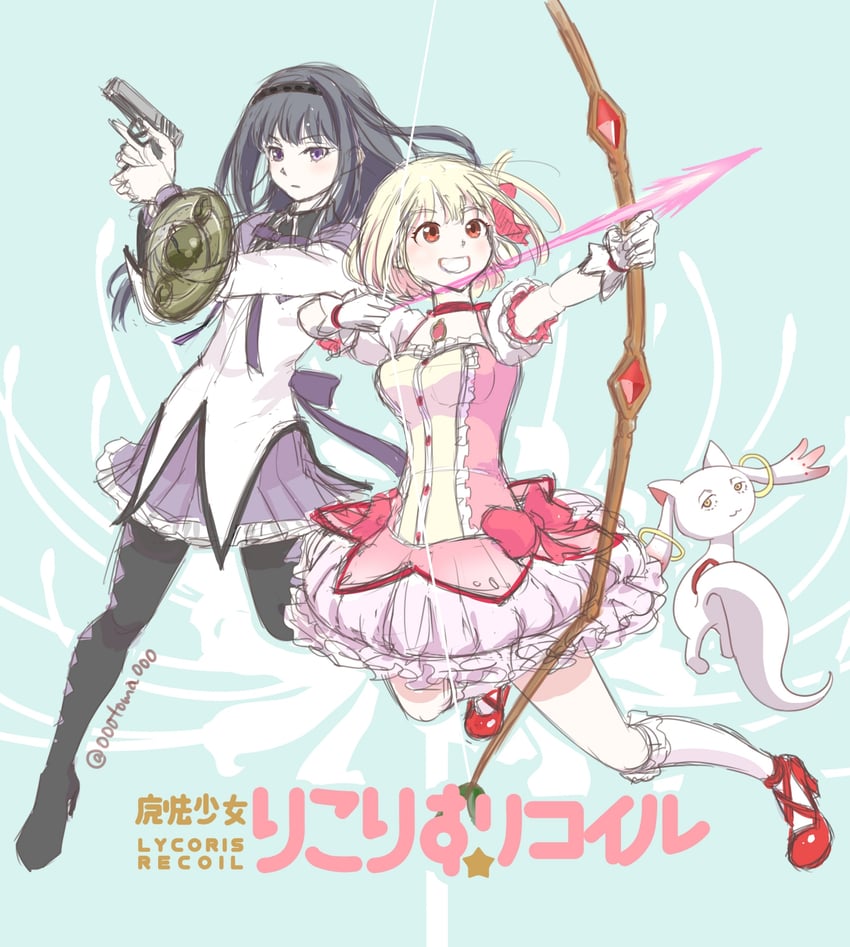 akemi homura, kaname madoka, kyubey, nishikigi chisato, inoue takina, and 1 more (mahou shoujo madoka magica and 1 more) drawn by toma_(000toma000)
