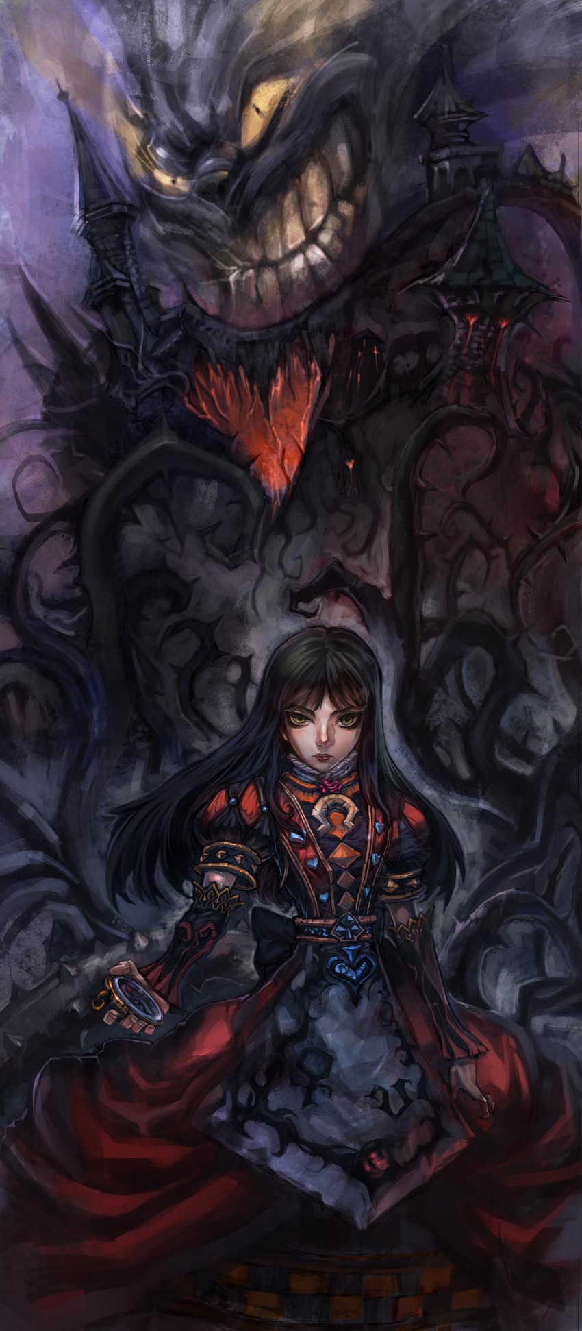 cheshire cat and alice liddell (american mcgee's alice and 1 more) drawn by zm