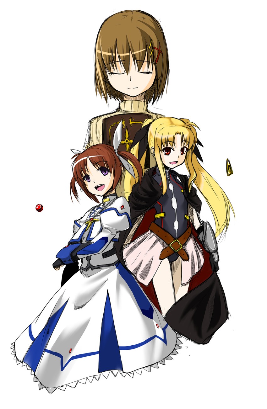 fate testarossa, takamachi nanoha, yagami hayate, raising heart, bardiche, and 1 more (lyrical nanoha and 3 more) drawn by nanotsuki