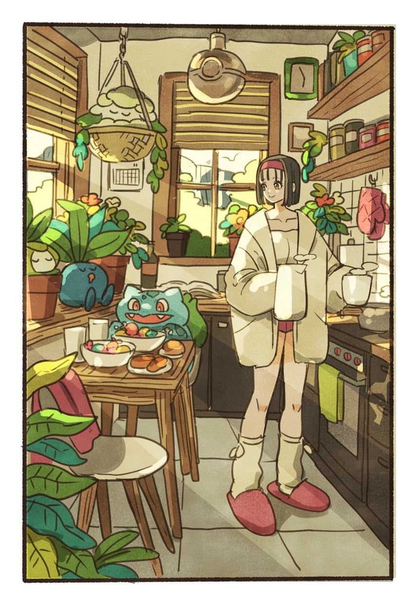 bulbasaur, erika, oddish, petilil, and cottonee (pokemon and 1 more) drawn by takeuchi_ryousuke
