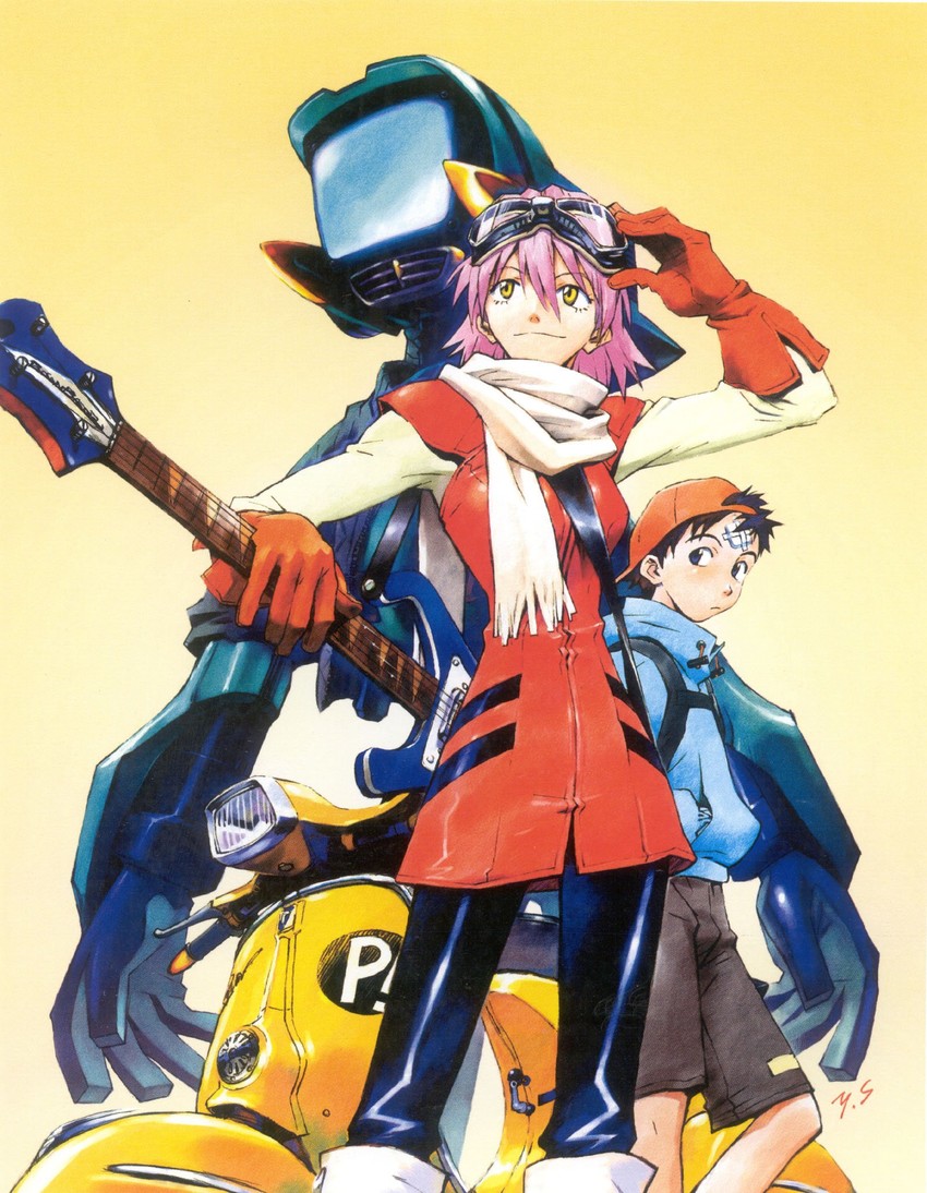 haruhara haruko, nandaba naota, and canti (flcl) drawn by sadamoto_yoshiyuki