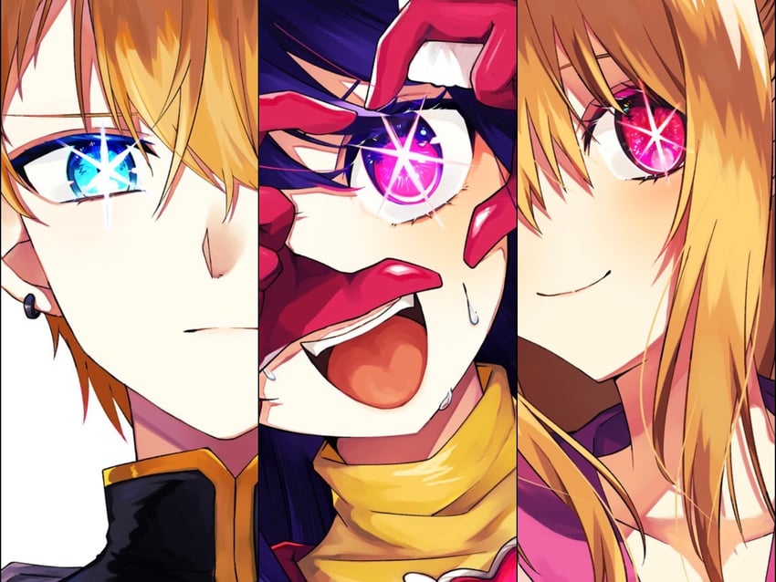 hoshino ai, hoshino ruby, and hoshino aquamarine (oshi no ko) drawn by einein810