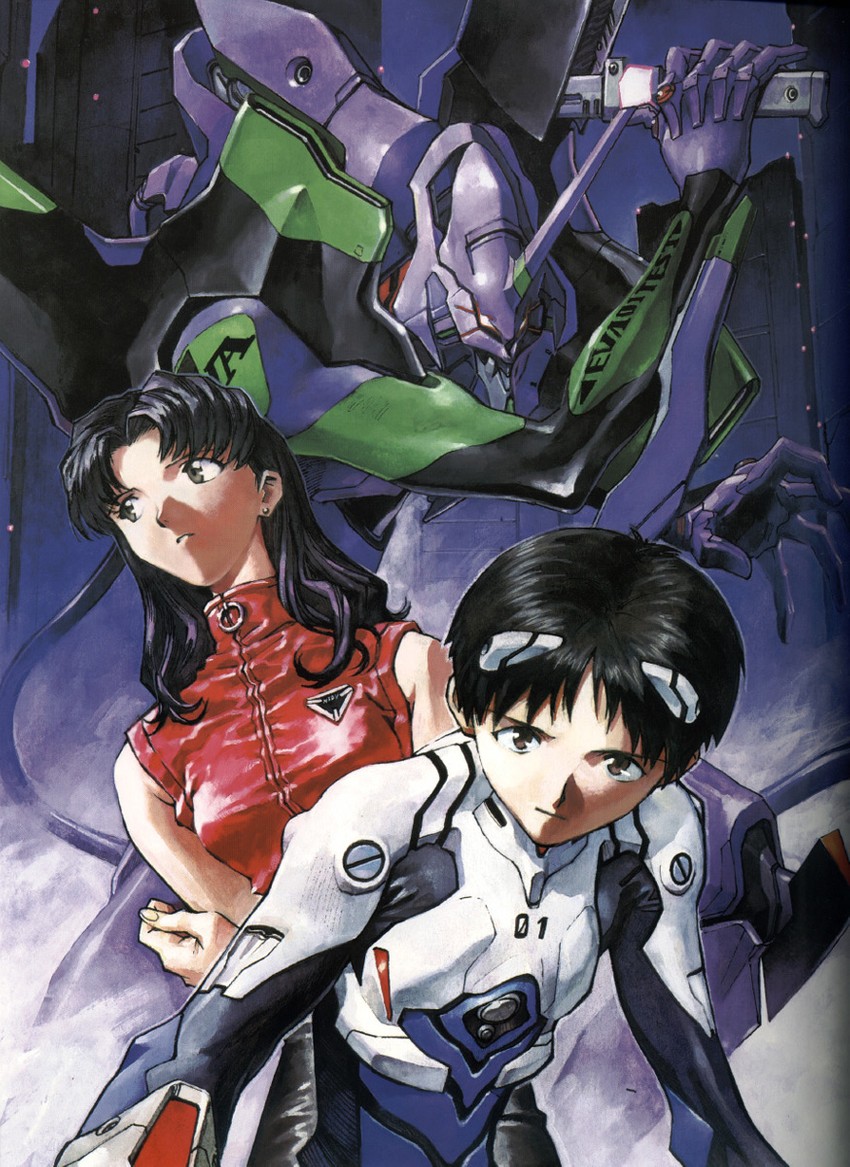 ikari shinji, katsuragi misato, and eva 01 (neon genesis evangelion) drawn by sadamoto_yoshiyuki