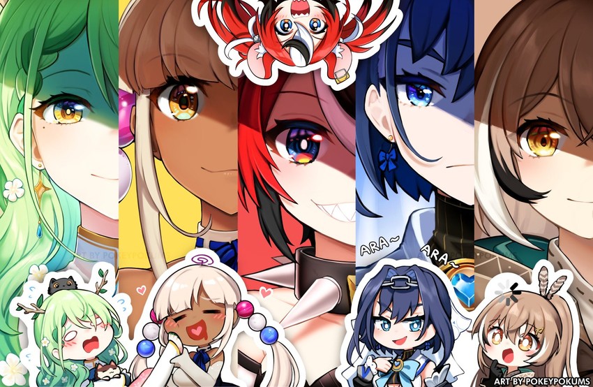 ouro kronii, nanashi mumei, hakos baelz, ceres fauna, tsukumo sana, and 2 more (hololive and 1 more) drawn by pokey