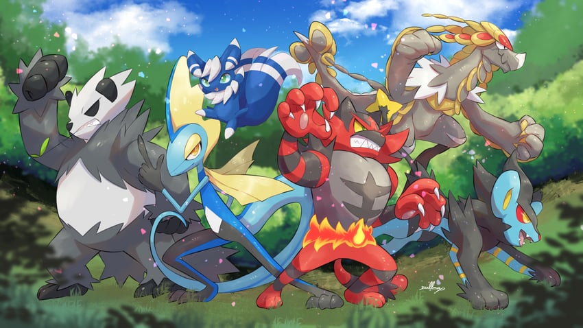 inteleon, incineroar, luxray, meowstic, pangoro, and 1 more (pokemon) drawn by nullma