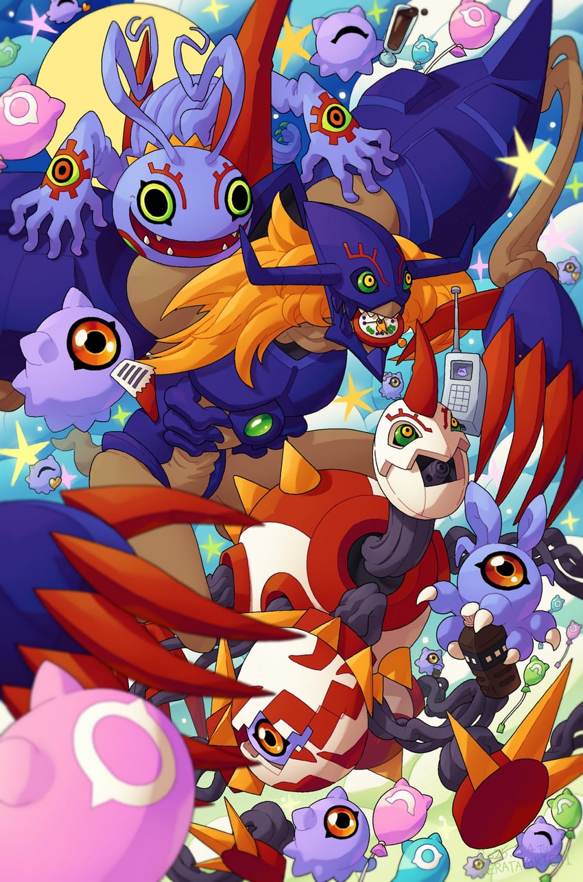 kuramon, diablomon, keramon, tsumemon, and infermon (digimon) drawn by keratayokichi