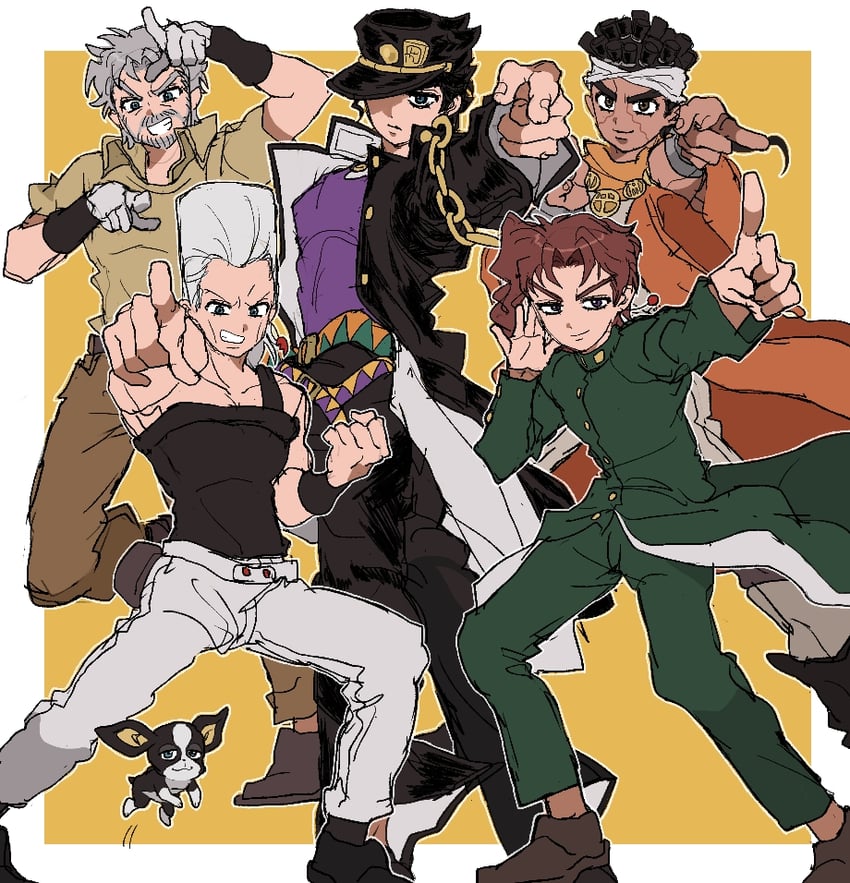 joseph joestar, kujo jotaro, kakyoin noriaki, jean pierre polnareff, mohammed avdol, and 1 more (jojo no kimyou na bouken and 1 more) drawn by fu_r_y