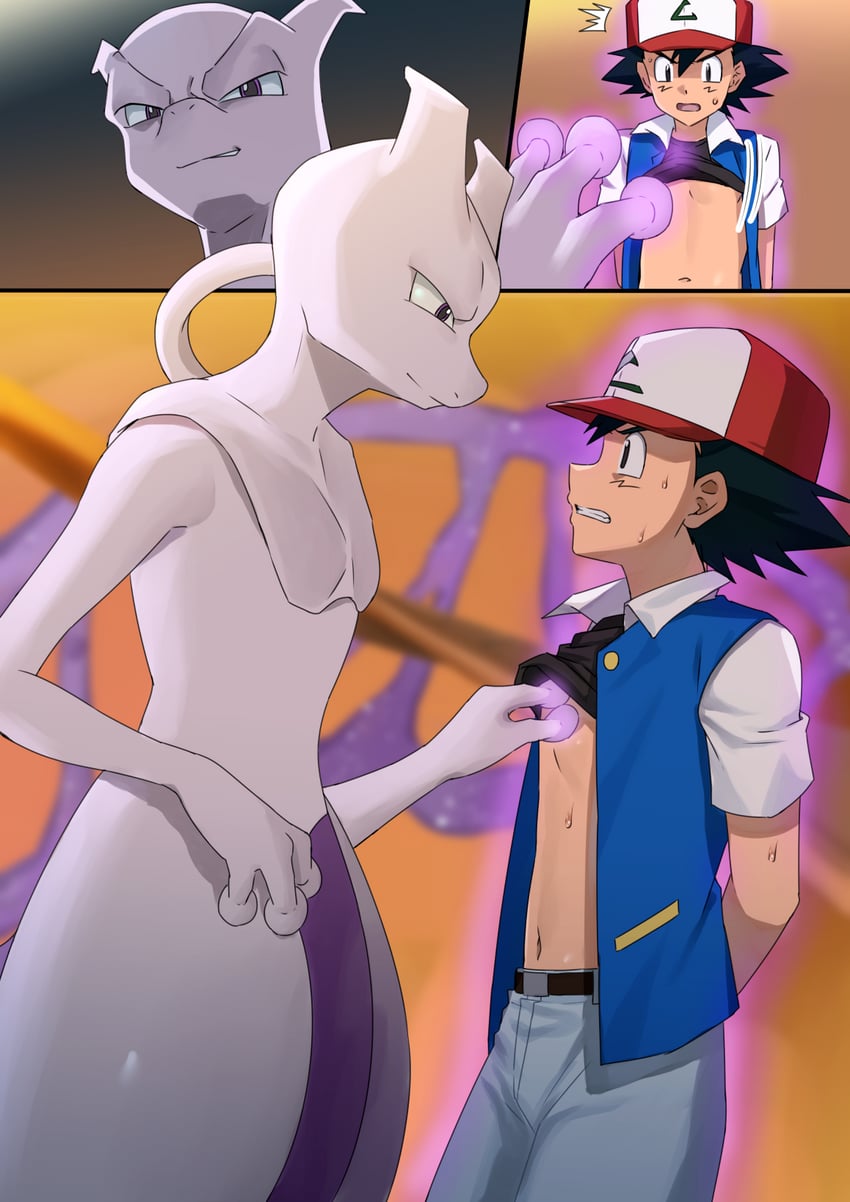 ash ketchum and mewtwo (pokemon and 1 more) drawn by kousuke_(ko_suke)